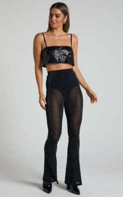 Showpo Khaimy - High Waisted Glitter Mesh Flare Pant In Black And Silver 13 Showpo Khaimy - High Waisted Glitter Mesh Flare Pant In Black And Silver -Showpo Women's Clothing Store Khaimy glitter mesh flare pant in Black and Silver 1
