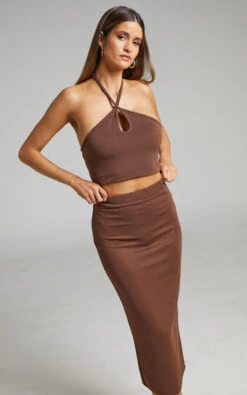 Showpo Khana Bodycon Midi Skirt In Chocolate