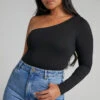Showpo Khanley One Shoulder Long Sleeve Bodysuit In Black