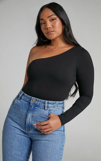 Showpo Khanley One Shoulder Long Sleeve Bodysuit In Black 1 Showpo Khanley One Shoulder Long Sleeve Bodysuit In Black