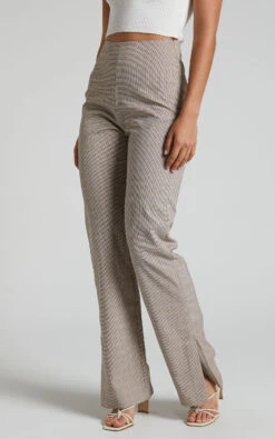 Showpo Khizza - High Waisted Side Split Pant In Brown Pink Check -Showpo Women's Clothing Store Khizza Side Split Pant in Brown Pink Check 1