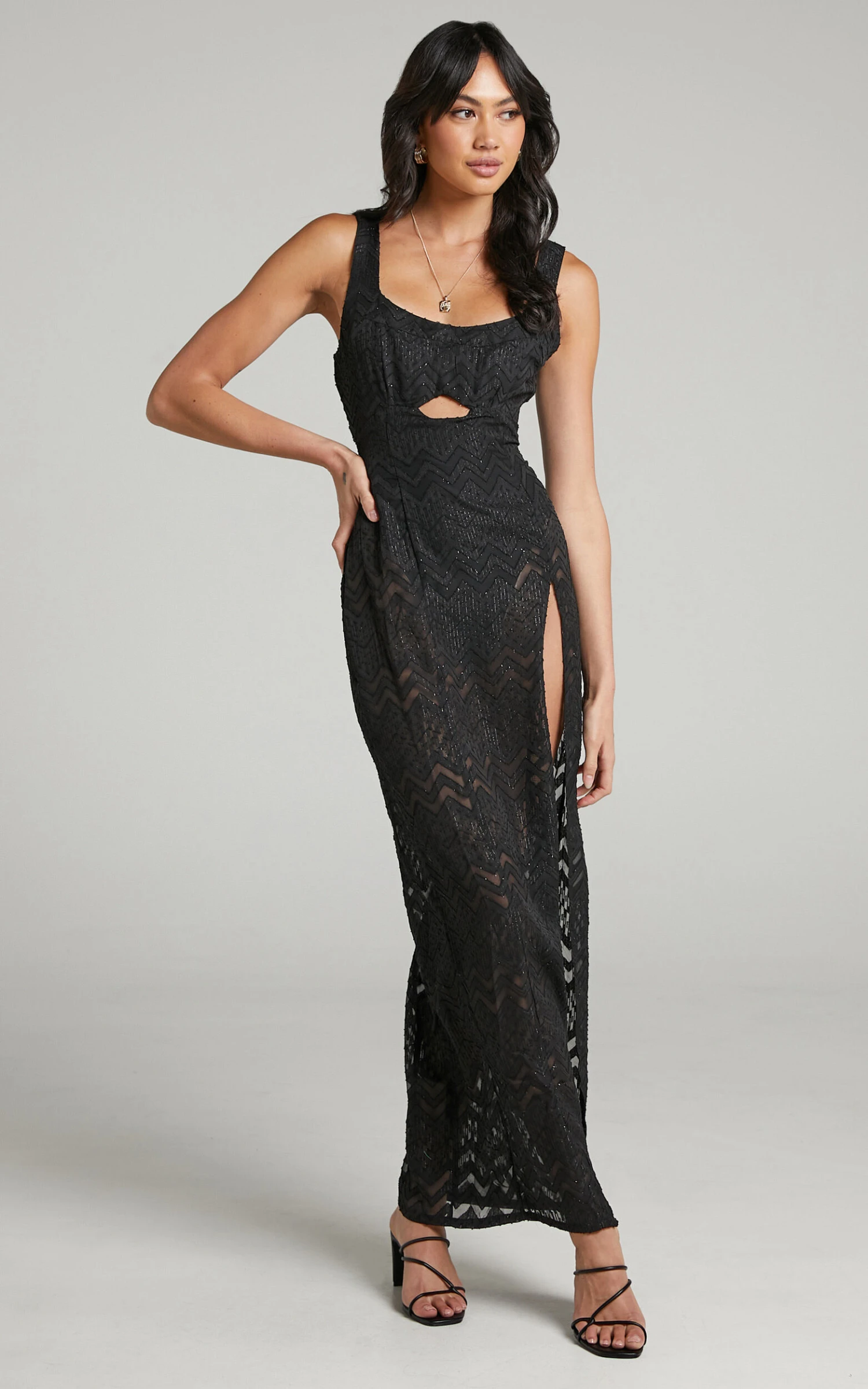 Showpo Khryzsha Sheer Cut Out Maxi Dress In Black 4 Showpo Khryzsha Sheer Cut Out Maxi Dress In Black - Image 4