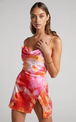 Showpo Kiararah Mini Dress - Split Cowl Neck Dress In Party Sunrise 10 Showpo Kiararah Mini Dress - Split Cowl Neck Dress In Party Sunrise -Showpo Women's Clothing Store Kiararah Mini Dress in Party Sunrise 2528SD22050148012529 3