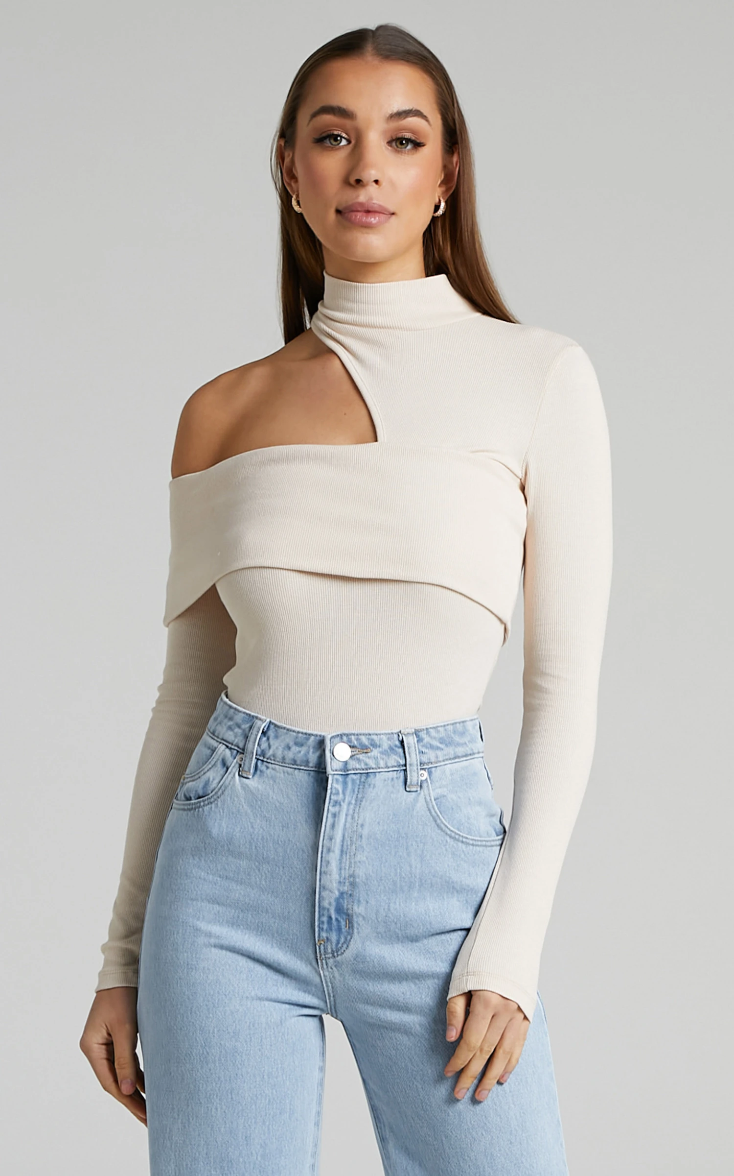 Showpo Kiefer Asymmetric Long Sleeve Cutout Top In Cream 2 Showpo Kiefer Asymmetric Long Sleeve Cutout Top In Cream - Image 2