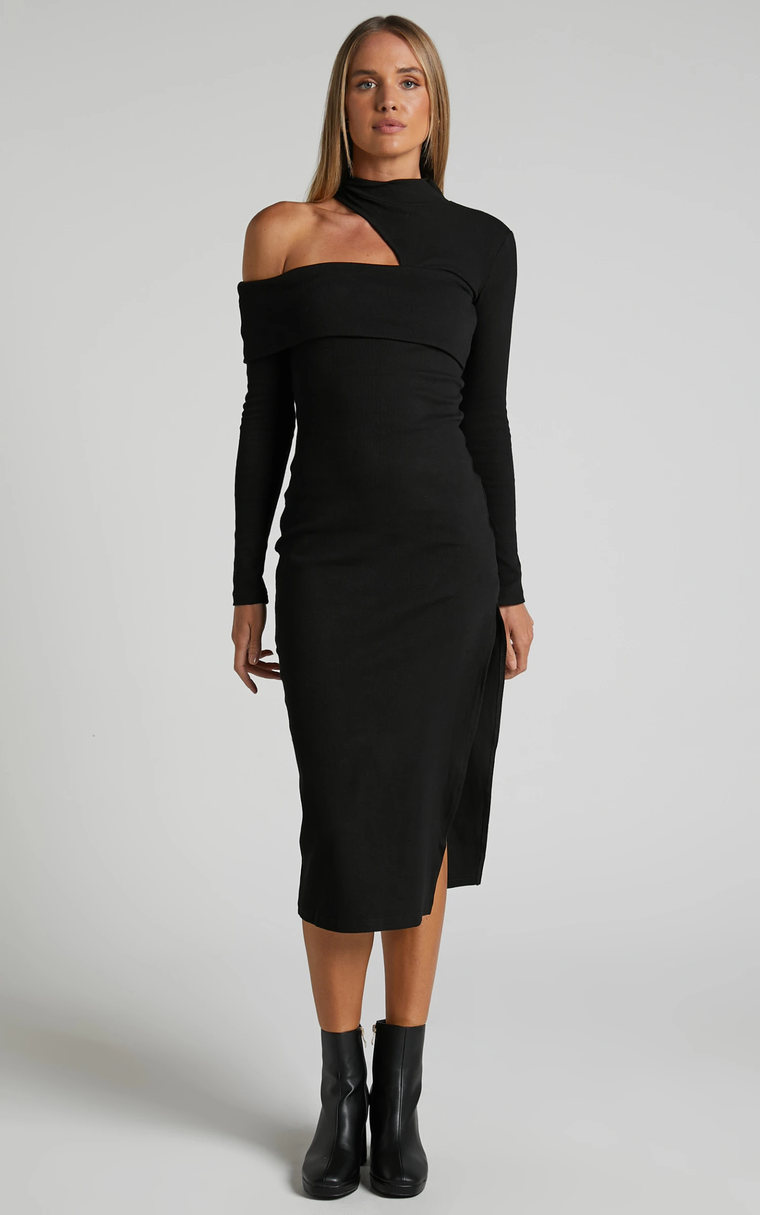 Showpo Kiefer Asymmetric Long Sleeve Midi Dress In Black 5 Showpo Kiefer Asymmetric Long Sleeve Midi Dress In Black - Image 5