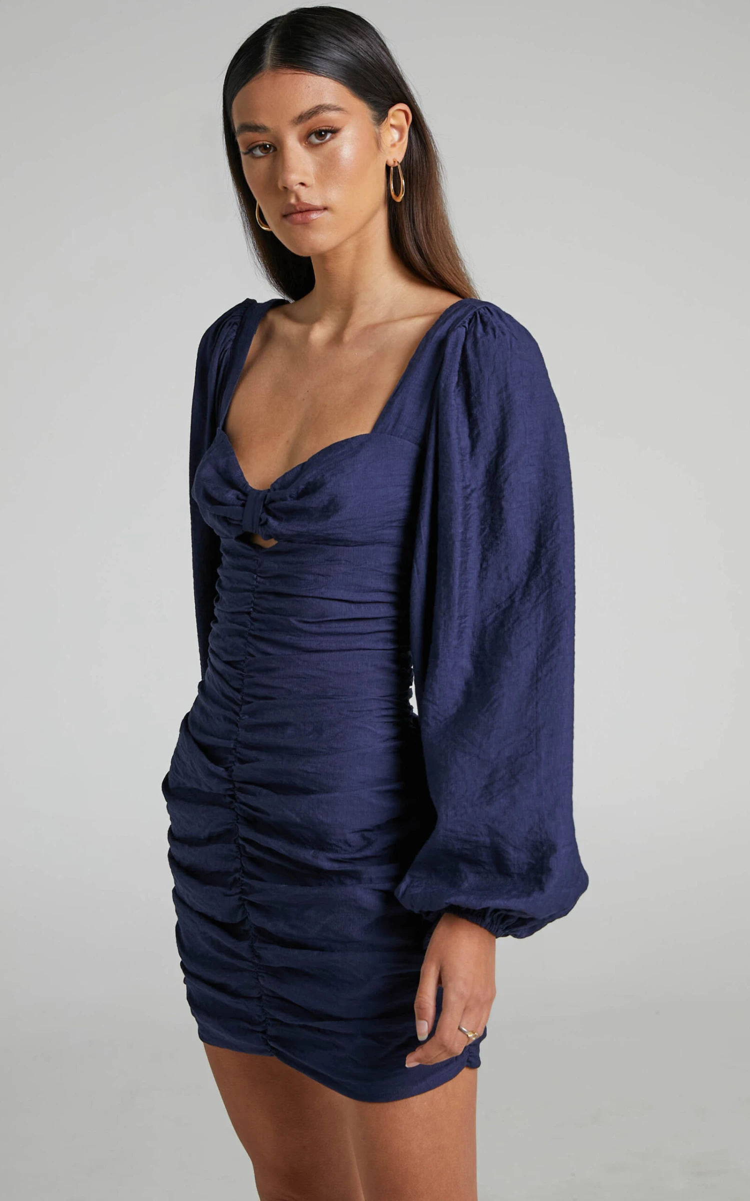 Showpo Kilian Ruched Long Sleeve Mini Dress In Navy 4 Showpo Kilian Ruched Long Sleeve Mini Dress In Navy - Image 4