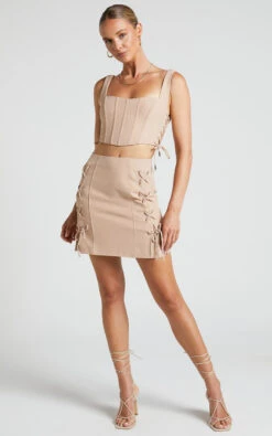 Showpo Kristitah Mini Skirt - Lace Up Skirt In Natural -Showpo Women's Clothing Store Kristitah Mini Skirt Lace Up Skirt in Nude