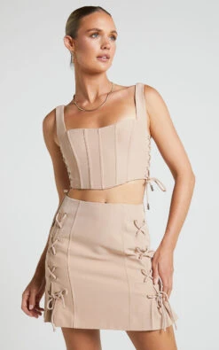 Showpo Kristitah Mini Skirt - Lace Up Skirt In Natural -Showpo Women's Clothing Store Kristitah Mini Skirt Lace Up Skirt in Nude 2
