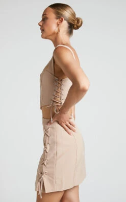 Showpo Kristitah Mini Skirt - Lace Up Skirt In Natural -Showpo Women's Clothing Store Kristitah Mini Skirt Lace Up Skirt in Nude 3