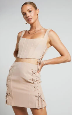 Showpo Kristitah Mini Skirt - Lace Up Skirt In Natural -Showpo Women's Clothing Store Kristitah Mini Skirt Lace Up Skirt in Nude 6