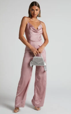 Showpo Kylene Cowl Neck Palazzo Satin Jumpsuit In Pale Pink -Showpo Women's Clothing Store Kylene Cowl Neck Palazzo Satin Jumpsuit in Pale Pink