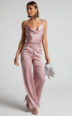 Showpo Kylene Cowl Neck Palazzo Satin Jumpsuit In Pale Pink
