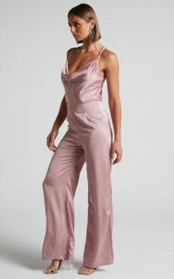 Showpo Kylene Cowl Neck Palazzo Satin Jumpsuit In Pale Pink -Showpo Women's Clothing Store Kylene Cowl Neck Palazzo Satin Jumpsuit in Pale Pink 3