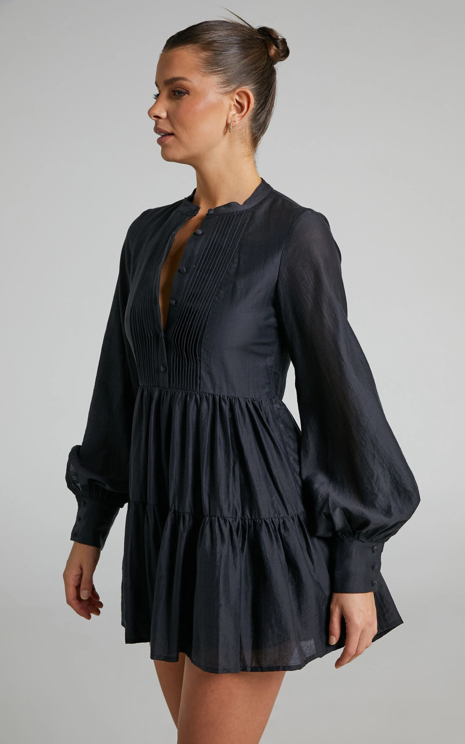 Showpo Kyra Pin Tuck Detail Tiered Shift Dress In Black - Image 4