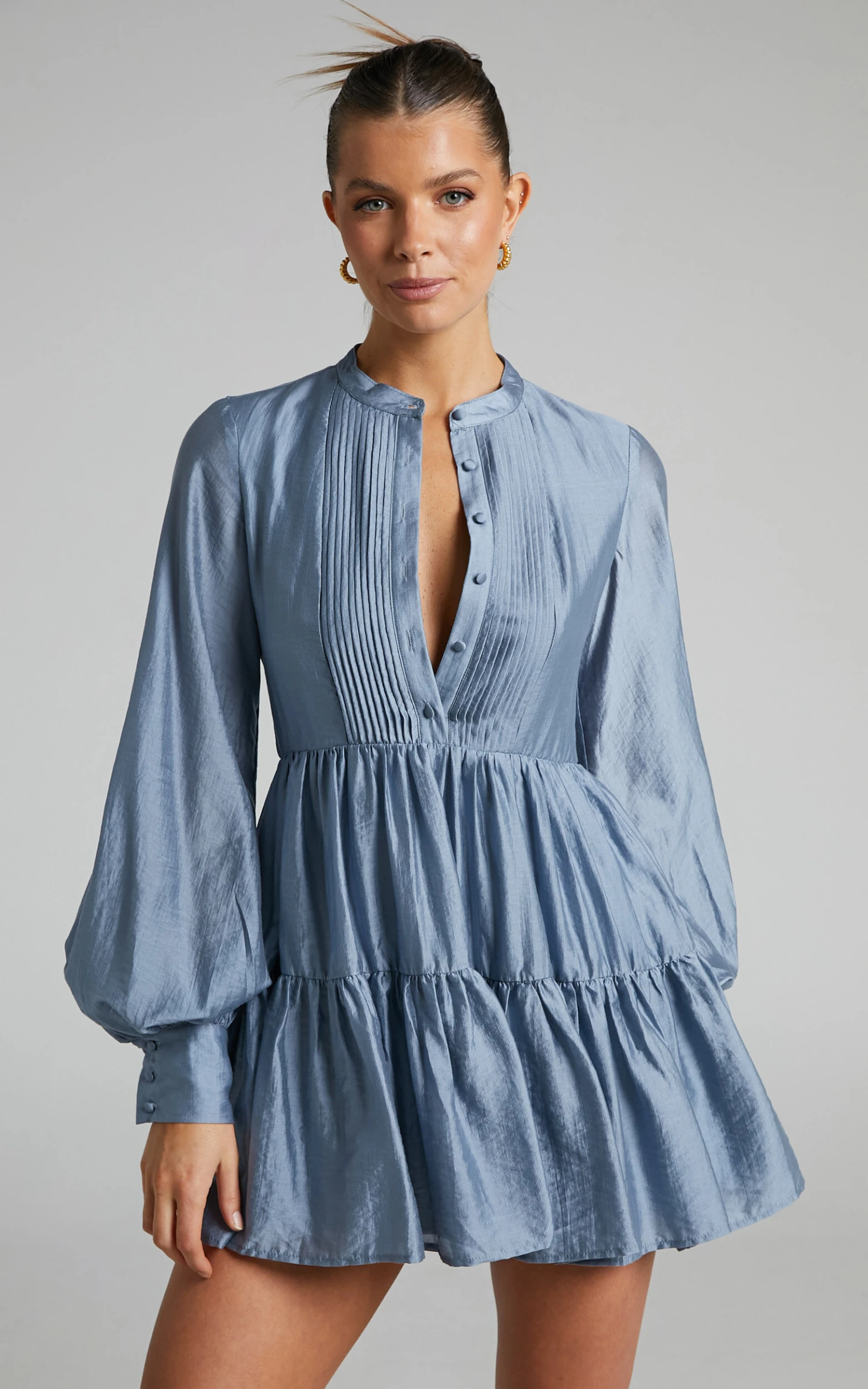 Showpo Kyra Pin Tuck Detail Tiered Shift Dress In Blue 2 Showpo Kyra Pin Tuck Detail Tiered Shift Dress In Blue - Image 2