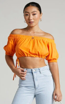 Showpo Leora Off Shoulder Crop Top In Orange