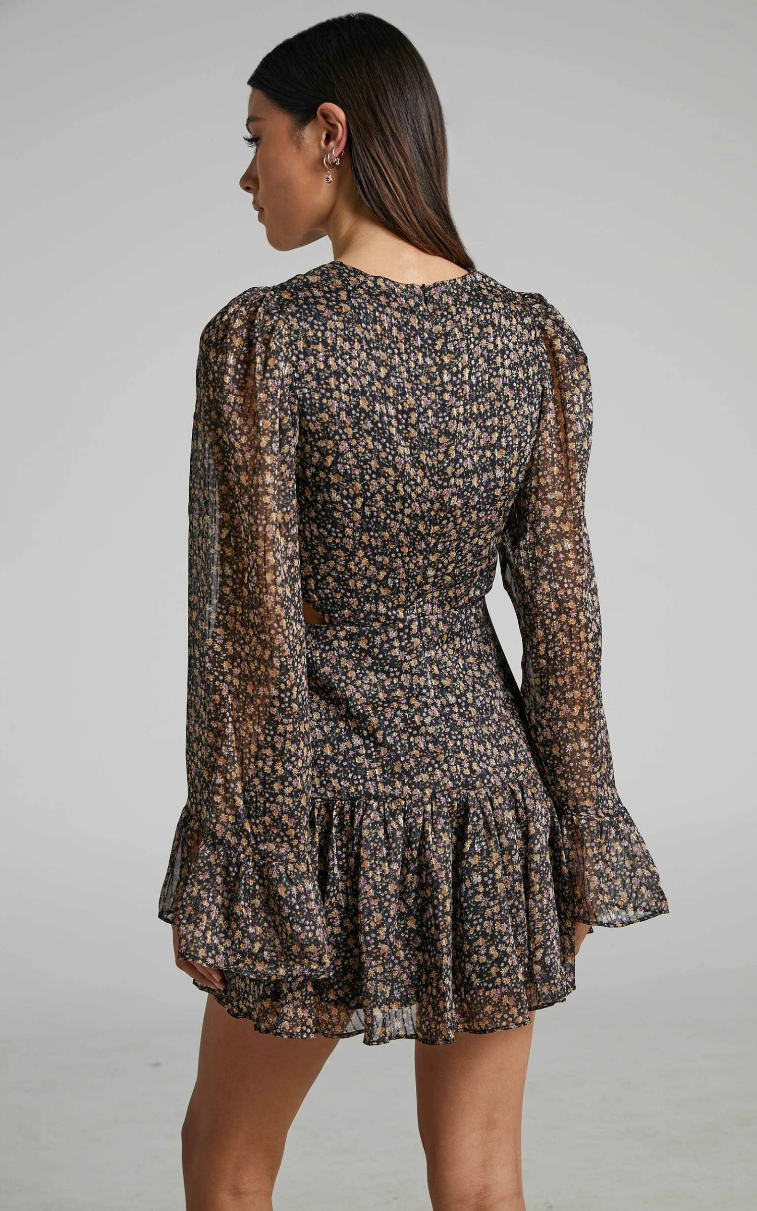 Showpo Laine Long Sleeve Side Cut Out Mini Dress In Black Base Floral - Image 5