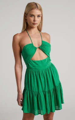 Showpo Lancey Mini Dress - Strappy Halter Tiered Dress In Green