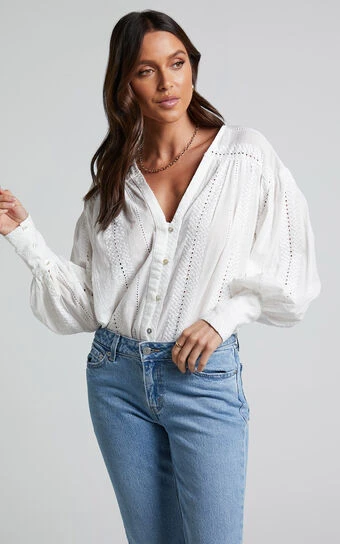 Showpo Lanzy Blouse - Long Sleeve Broderie Trim Relaxed Blouse In White 1 Showpo Lanzy Blouse - Long Sleeve Broderie Trim Relaxed Blouse In White