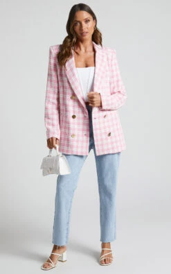 Showpo Larence Blazer - Longline Double Breasted Blazer In Pink Check -Showpo Women's Clothing Store Larence Blazer Longline Double Breasted Blazer in Pink Check