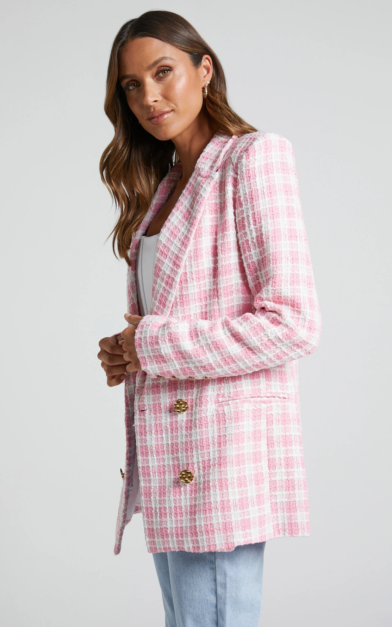 Showpo Larence Blazer - Longline Double Breasted Blazer In Pink Check - Image 5