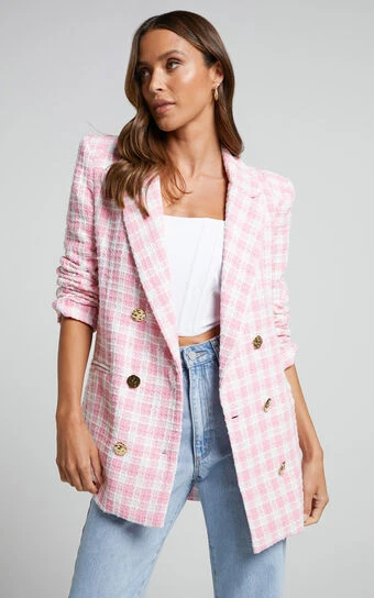 Showpo Larence Blazer - Longline Double Breasted Blazer In Pink Check