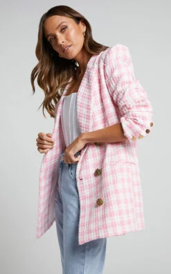 Showpo Larence Blazer - Longline Double Breasted Blazer In Pink Check -Showpo Women's Clothing Store Larence Blazer Longline Double Breasted Blazer in Pink Check 7