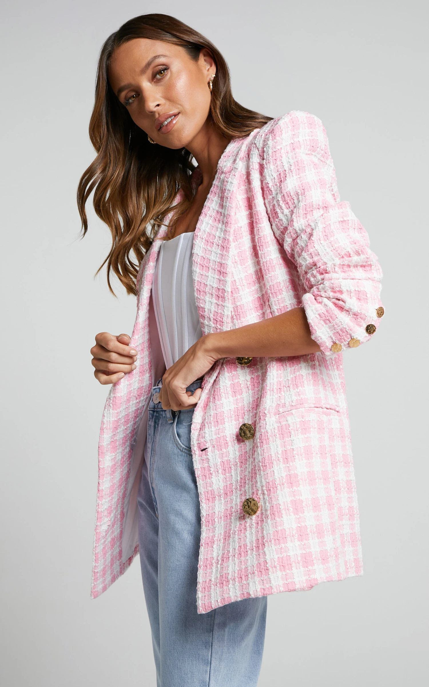 Showpo Larence Blazer - Longline Double Breasted Blazer In Pink Check - Image 6