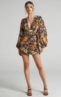 Showpo Latiana Ruched Plunge Neck Mini Dress In Indulgent Bloom -Showpo Women's Clothing Store Latiana Ruched Plunge Neckline dress in Indulgent Bloom 2528SD21070012012529 1