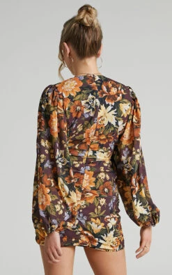 Showpo Latiana Ruched Plunge Neck Mini Dress In Indulgent Bloom -Showpo Women's Clothing Store Latiana Ruched Plunge Neckline dress in Indulgent Bloom 2528SD21070012012529 6