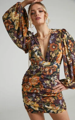 Showpo Latiana Ruched Plunge Neck Mini Dress In Indulgent Bloom