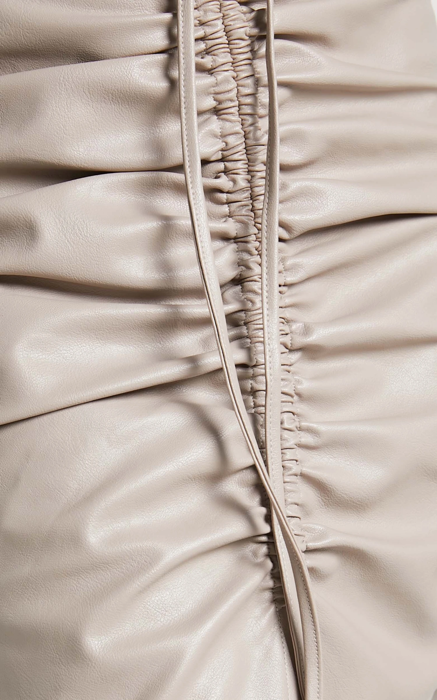 Showpo Laurenna Midi Skirt - Faux Leather Ruched Front Split Skirt In Beige - Image 9