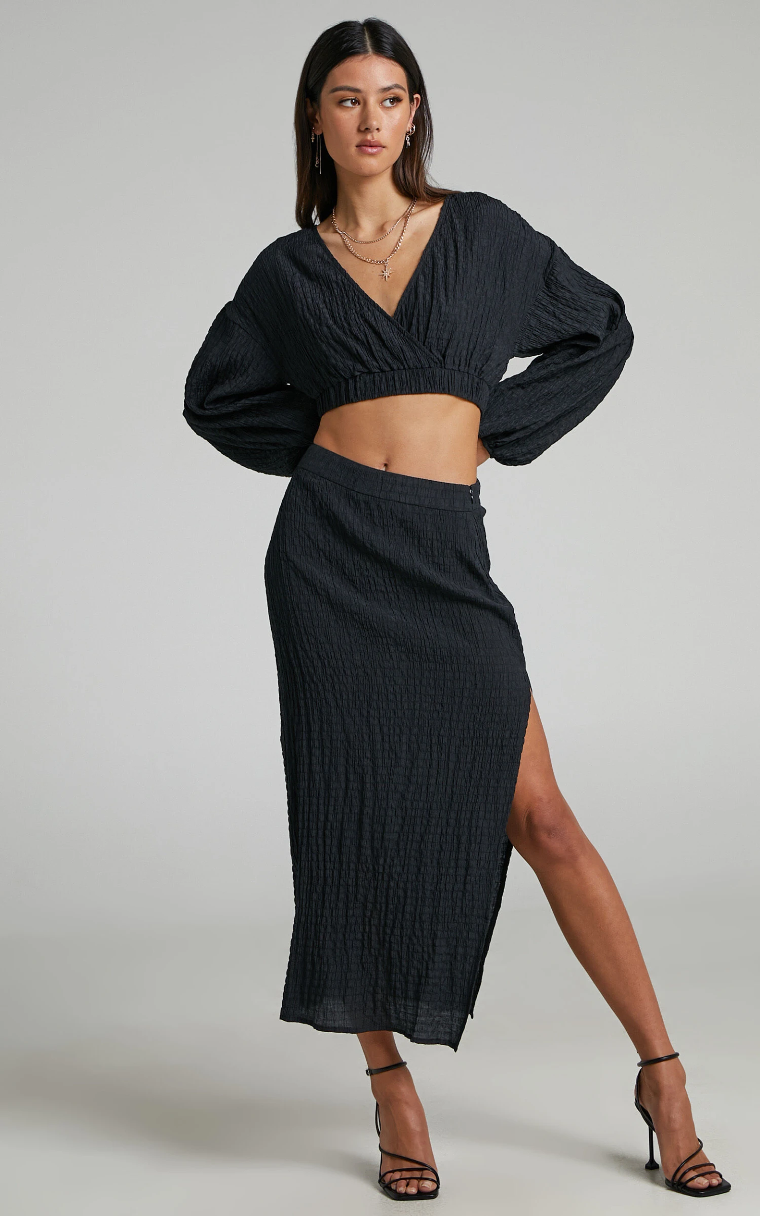 Showpo Lawson Long Sleeve Crop Top And Side Split Midi Skirt Two Piece Set In Black 2 Showpo Lawson Long Sleeve Crop Top And Side Split Midi Skirt Two Piece Set In Black - Image 2
