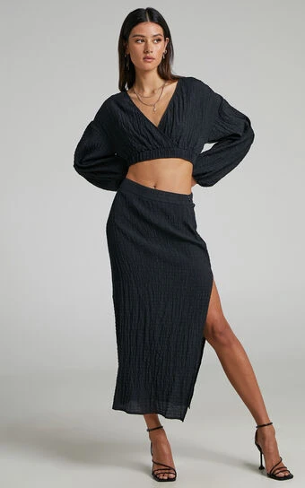 Showpo Lawson Long Sleeve Crop Top And Side Split Midi Skirt Two Piece Set In Black 1 Showpo Lawson Long Sleeve Crop Top And Side Split Midi Skirt Two Piece Set In Black