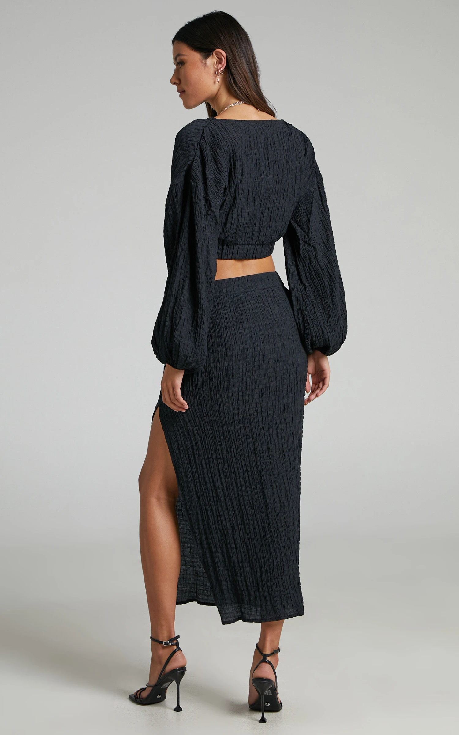 Showpo Lawson Long Sleeve Crop Top And Side Split Midi Skirt Two Piece Set In Black 4 Showpo Lawson Long Sleeve Crop Top And Side Split Midi Skirt Two Piece Set In Black - Image 4