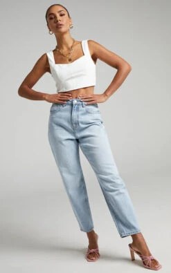Showpo Layla High Waisted Recycled Cotton Mom Jeans In Sunday Blue