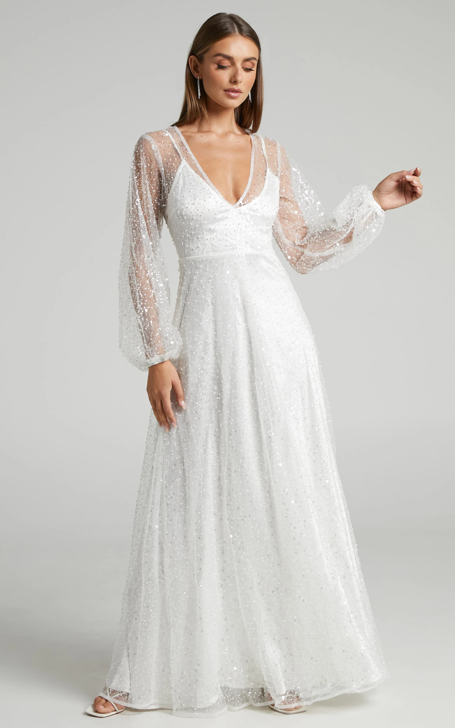 Showpo Leauna Bridal Gown - Sheer Long Sleeve Deep V Neck Embellished Tulle Gown In Ivory 5 Showpo Leauna Bridal Gown - Sheer Long Sleeve Deep V Neck Embellished Tulle Gown In Ivory - Image 5