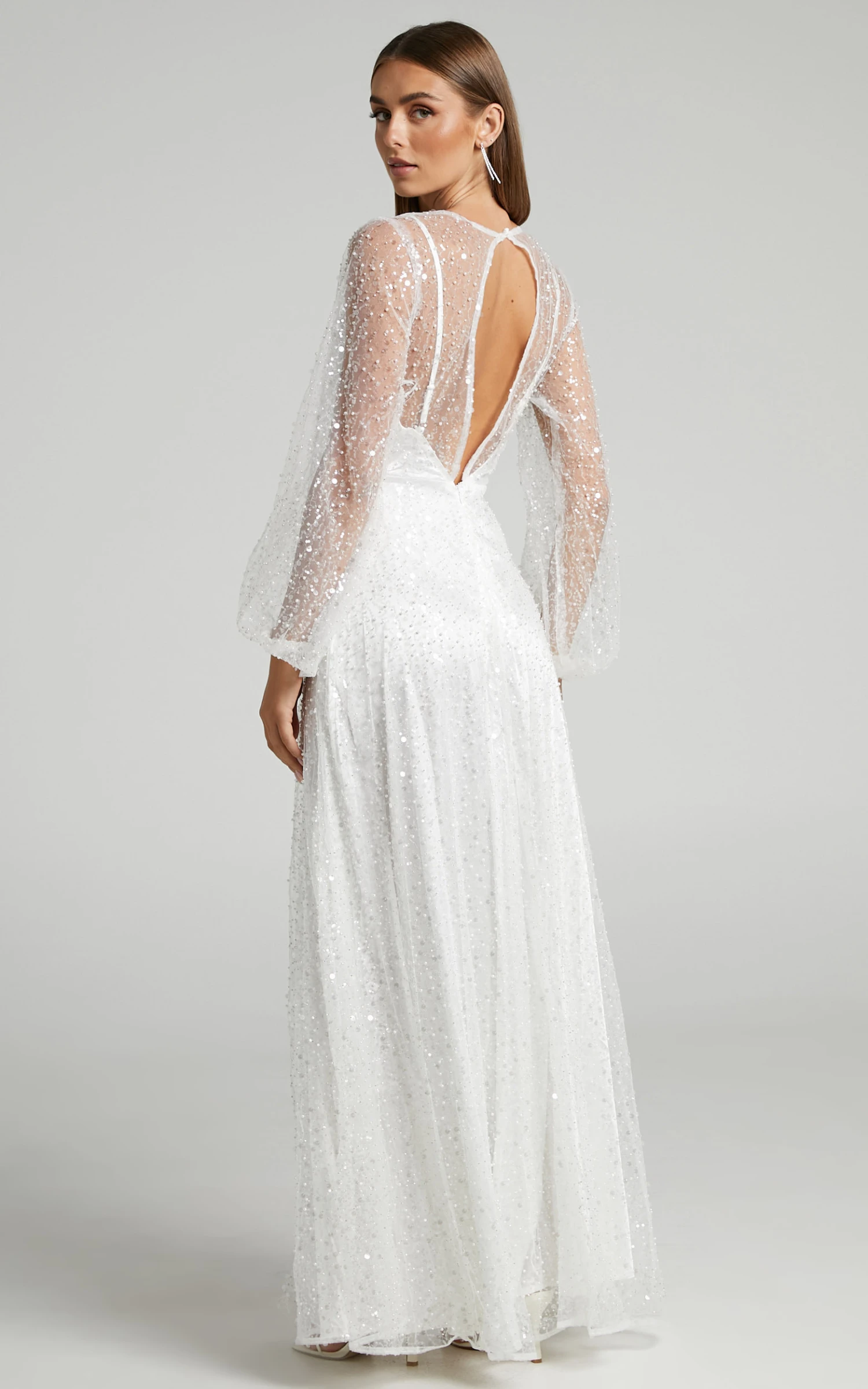 Showpo Leauna Bridal Gown - Sheer Long Sleeve Deep V Neck Embellished Tulle Gown In Ivory 6 Showpo Leauna Bridal Gown - Sheer Long Sleeve Deep V Neck Embellished Tulle Gown In Ivory - Image 6