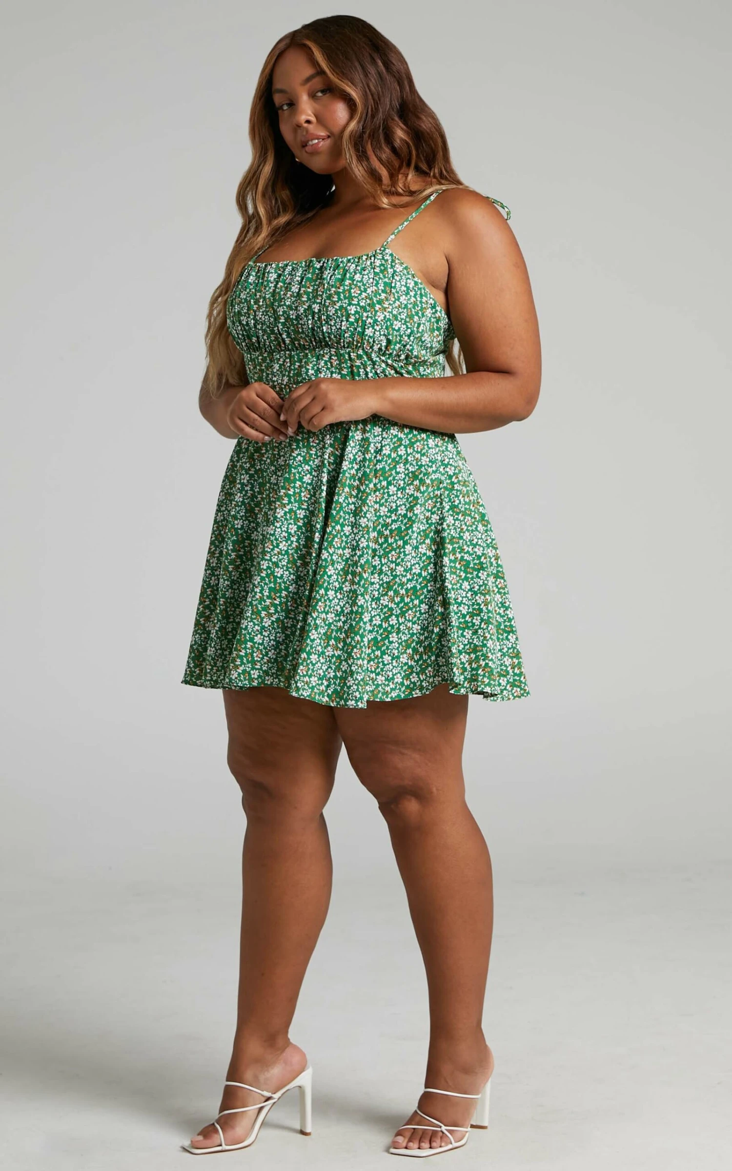 Showpo Liahna Mini Dress - Ruched Bust Tie Shoulder A-Line Dress In Green Floral 5 Showpo Liahna Mini Dress - Ruched Bust Tie Shoulder A-Line Dress In Green Floral - Image 5