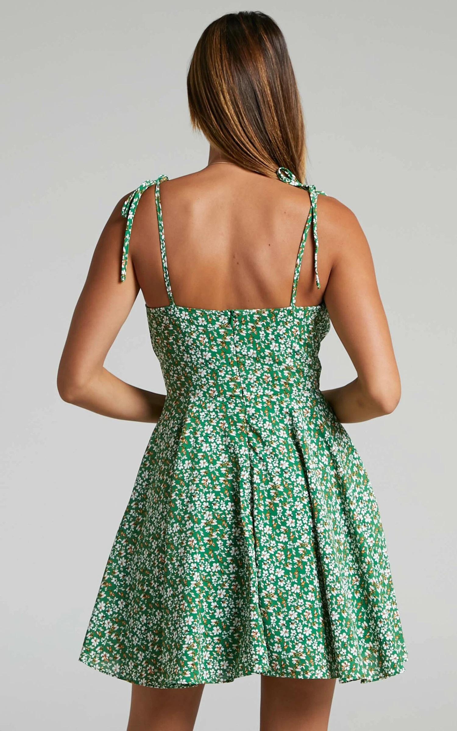 Showpo Liahna Mini Dress - Ruched Bust Tie Shoulder A-Line Dress In Green Floral 6 Showpo Liahna Mini Dress - Ruched Bust Tie Shoulder A-Line Dress In Green Floral - Image 6