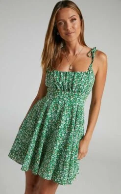 Showpo Liahna Mini Dress - Ruched Bust Tie Shoulder A-Line Dress In Green Floral