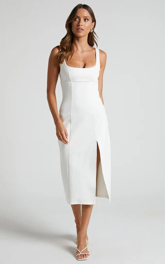 Showpo Lola Midi Dress - Square Neck Thigh Split Dress In Ivory 1 Showpo Lola Midi Dress - Square Neck Thigh Split Dress In Ivory
