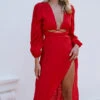 Showpo Demieh Midi Dress - Front Cut Out Long Sleeve Dress In Red
