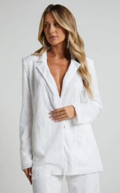 Showpo Looma Sequin Relaxed Fit Blazer In White -Showpo Women's Clothing Store Looma Sequin Relaxed Fit Blazer in White 2