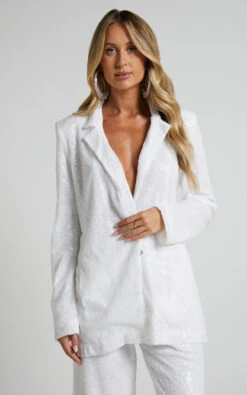 Showpo Looma Sequin Relaxed Fit Blazer In White -Showpo Women's Clothing Store Looma Sequin Relaxed Fit Blazer in White 3
