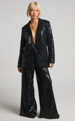 Showpo Looma Sequin - High Waisted Wide Leg Pants In Black