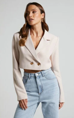 Showpo Lorena Cropped Double Breasted Blazer In Stone