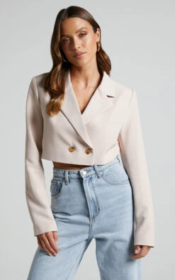 Showpo Lorena Cropped Double Breasted Blazer In Stone 13 Showpo Lorena Cropped Double Breasted Blazer In Stone -Showpo Women's Clothing Store Lorena Cropped Double Breasted Blazer in stone 4