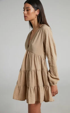 Showpo Lorraina V Neck Tiered Long Sleeve Mini Dress In MOCHA -Showpo Women's Clothing Store Lorraina Long Sleeve Mini Dress in MOCHA 2528SD22050029012529 1
