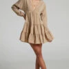 Showpo Lorraina V Neck Tiered Long Sleeve Mini Dress In MOCHA
